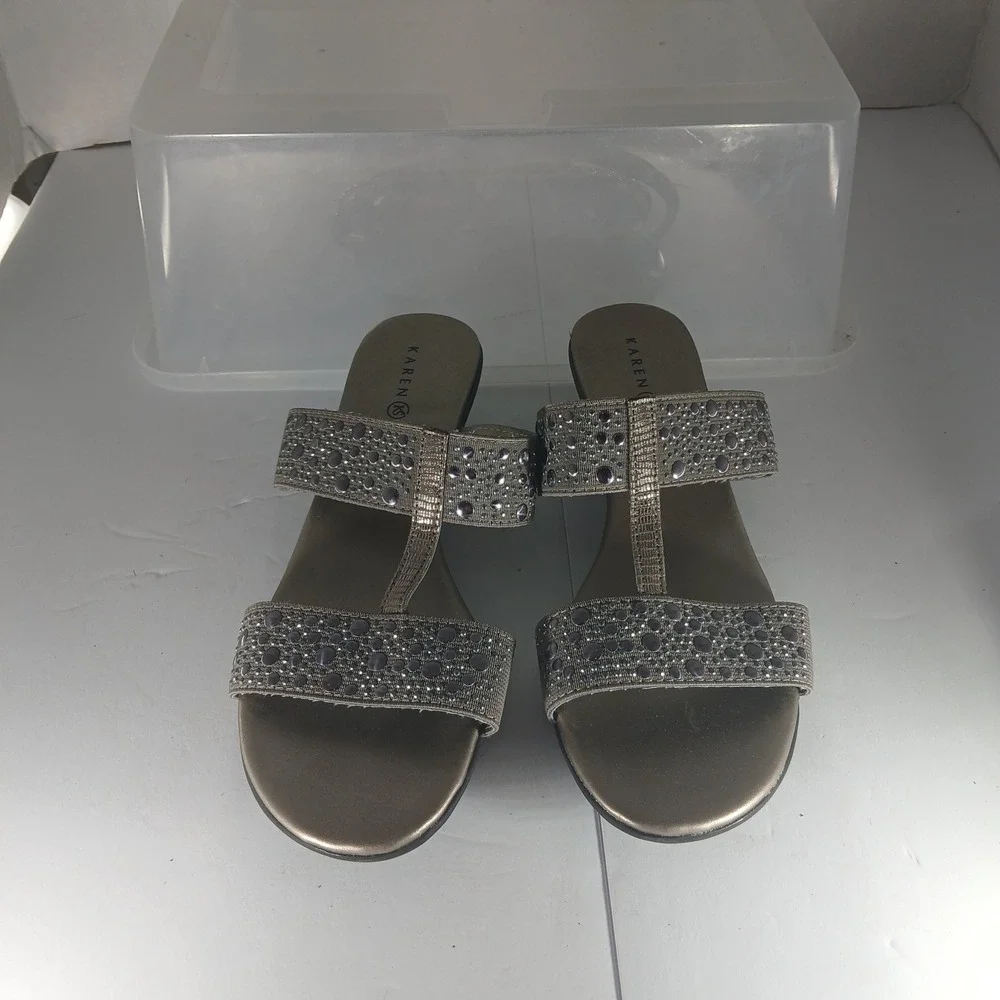 Karen Scott Eddina Sandals 6M Champagne Pewter‎ Rhinestone Low Wedge Slide Shoes
